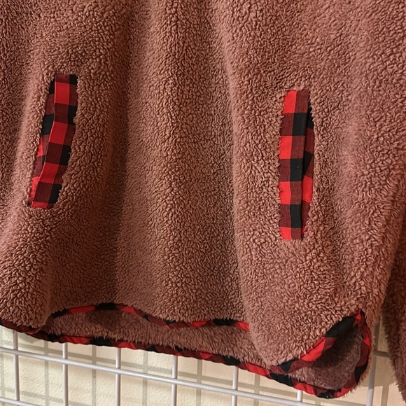 Dusty Rose Sherpa Pullover with Black & Red Plaid Trim - Picture 3 of 5